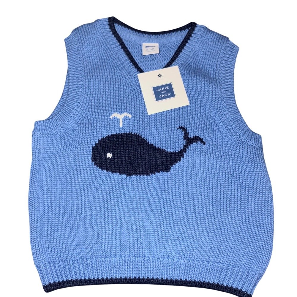 NEW Janie and Jack Knit Sweater Vest Whale Blue 6 to 12 Months Preppy Coastal